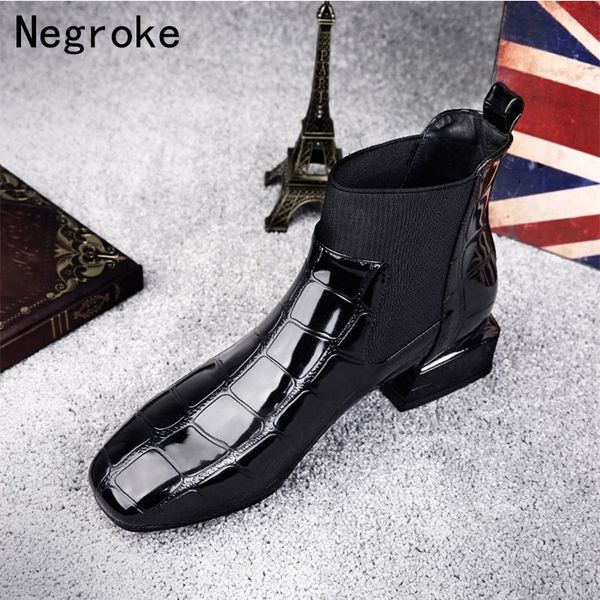 

women boots2020 chic women boots shiny pu leather autumn winter shoes woman spuare toe block heels ankle boots female botas zapatos mujer, Black