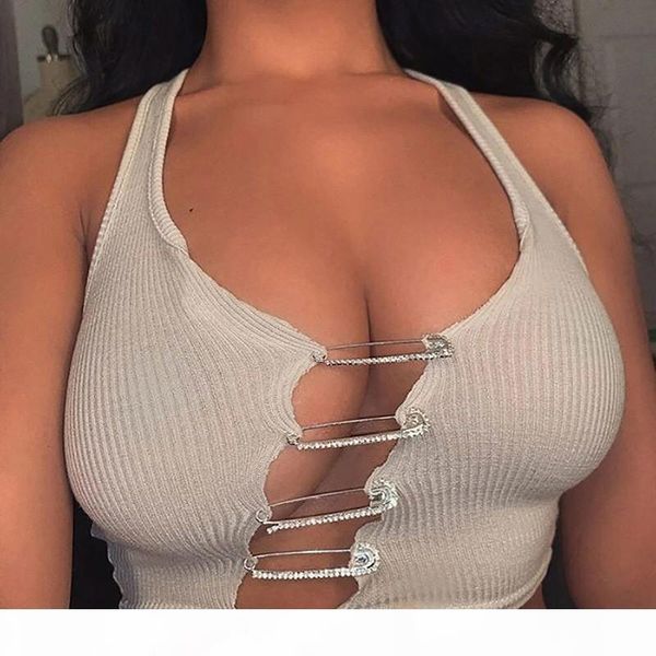 

safety pin crop women 2020 summer black ribbed bodycon cropped tank woman tshirts club wear, White