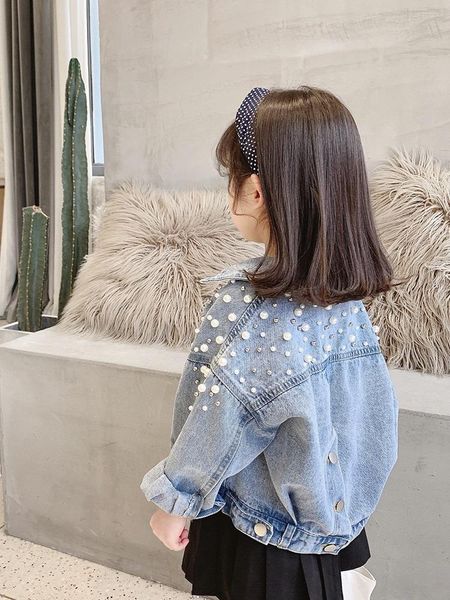 

girl denim jacket 2020 spring and autumn heavy industry beaded denim jacket fashion lapel 2 to 6 years old girl clothes, Blue;gray