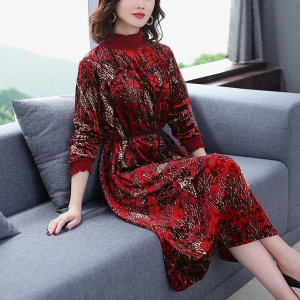 

2021 autumn spring womens turtleneck red blue printed floral pattern velvet dress , velour dresses for woman clothes, Black;gray