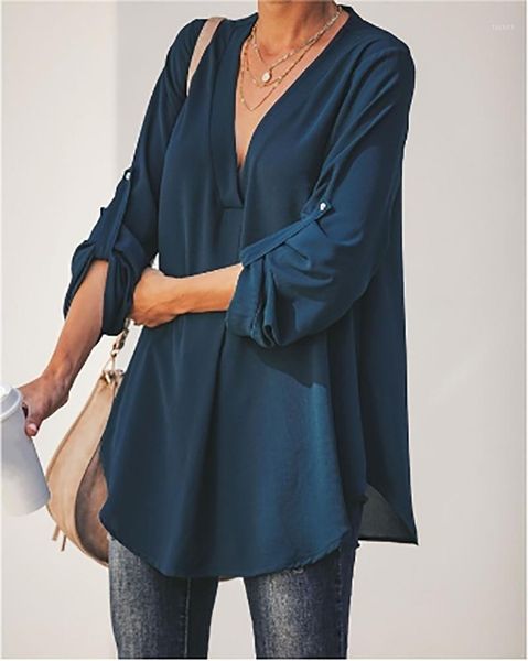 

women big size v-neck blouse 2019 spring summer office lady blouses long sleeve big size femme casual loose blusa1, White