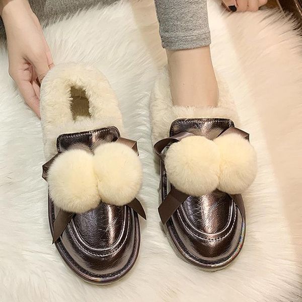 

boots rimocy sweet bow fluffy plush ball ankle women winter warm short snow female non slip platform shoes woman, Black