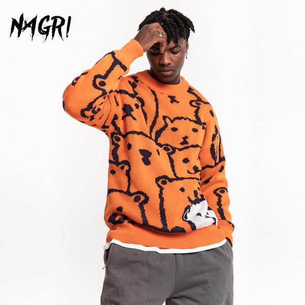 

nagri men hip hop sweater cartoon bear casual loose knitted pullover autumn winter knitted men's sweaters couple design 201123, White;black