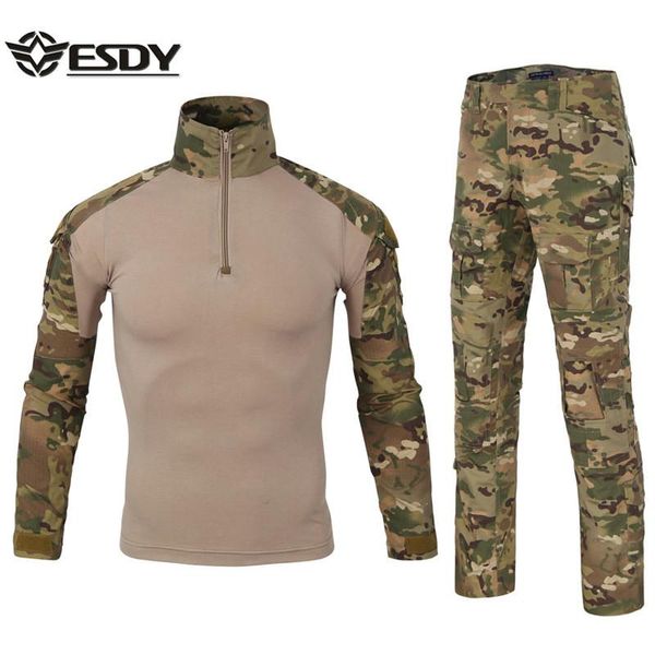 

camouflage army combat suit men long sleeve t-shirt cargo pants sets outdoor hiking hunting camping training uniform, White;black