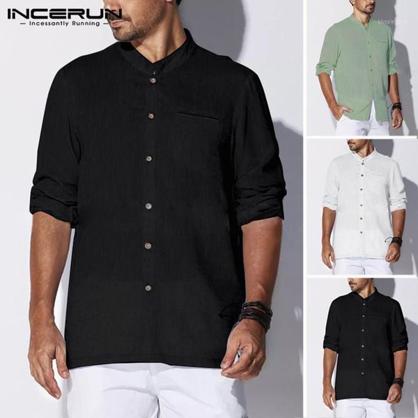 

men's casual shirts incerun long sleeve men shirt button cotton solid stand collar retro 2021 vintage brand camisa masculina 5xl1, White;black