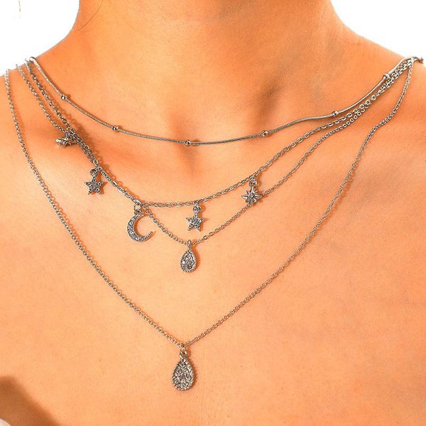 

1 pcs серебряного цвета bohemian многослойного metal star moon форма кисточка choker ссылка цепь ожерелье для женщин подарок ювелирных издел, Silver