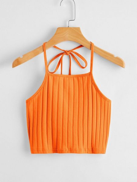 

neon orange tie back rib-knit halter h4ut#, White