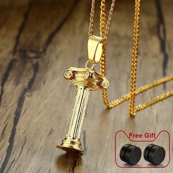 

vantage men necklace stainless steel roman greek ancient column pendant gold color charm jewelry 201013, Silver