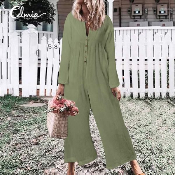 

autumn jumpsuit women celmia vintage rompers casual solid buttons playsuits long sleeve loose wide leg pasnts plus size overalls1, Black;white