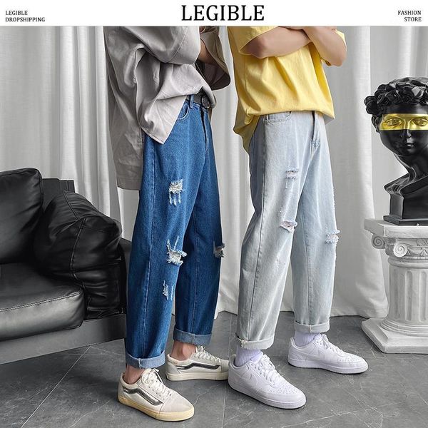

legible streetwear men's vintage hole jeans hip hop man casual harem denim pants korean male blue pants1