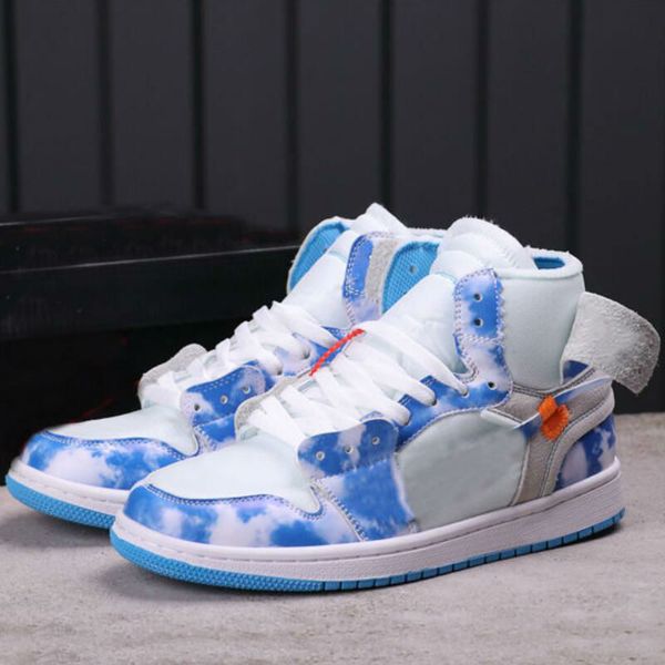 

1 high 1s unc sky blue clouds white women men basketball shoes outdoor sports sneakers mens trainers, White;red