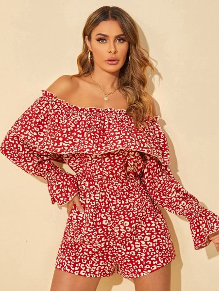 

leopard print off shoulder bell sleeve romper w9ei#, White