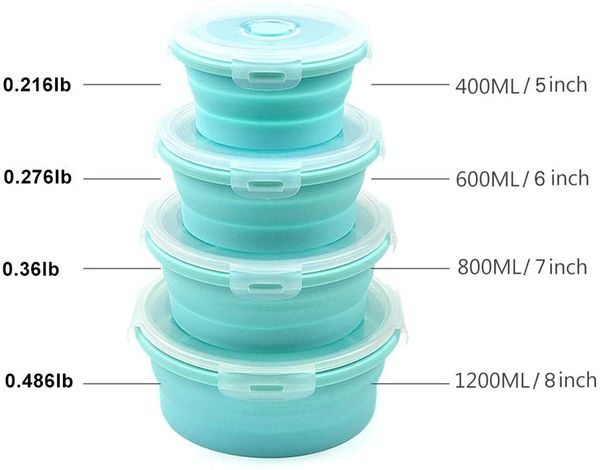 Tigelas dobráveis Recipientes de armazenamento de alimentos de silicone com tampas para camping 4 em 1 Lancheira redonda de silicone dobrável para micro-ondas e freezer seguro