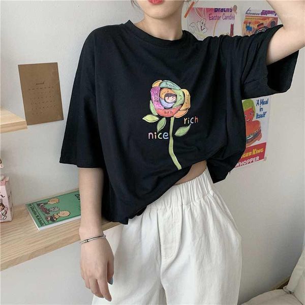 

women's t-shirt harajuku t shirt women summer 2021 short sleeve floral print o-neck korean style casual cute tee woman clothes1, White