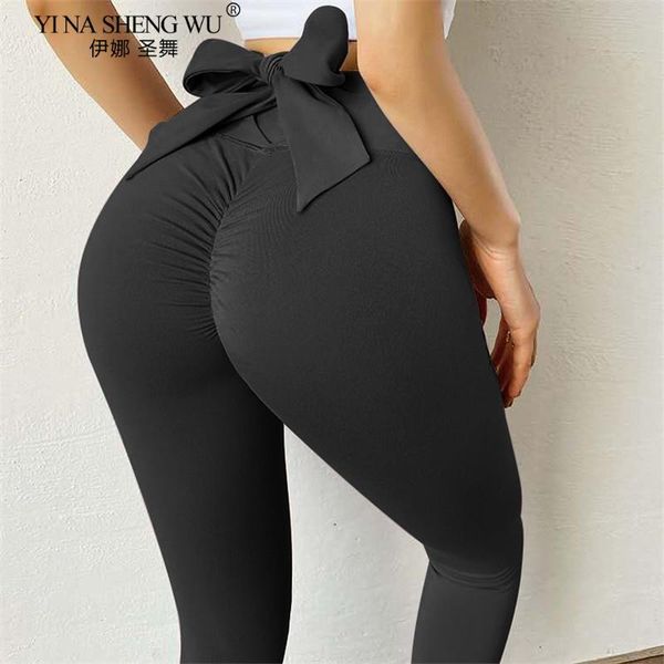 

bowknot lift hip sports pants high waist yoga pants leggings buworkout sports women fitness elastic leggings gym run tights, White;red