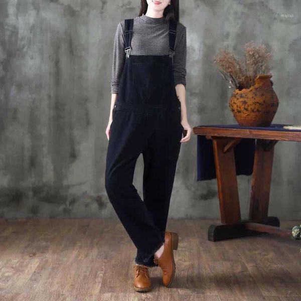 

women's jumpsuits & rompers autumn women retro large size loose casual female 2021 blended mori girl pocket solid color denim jumpsuits, Black;white