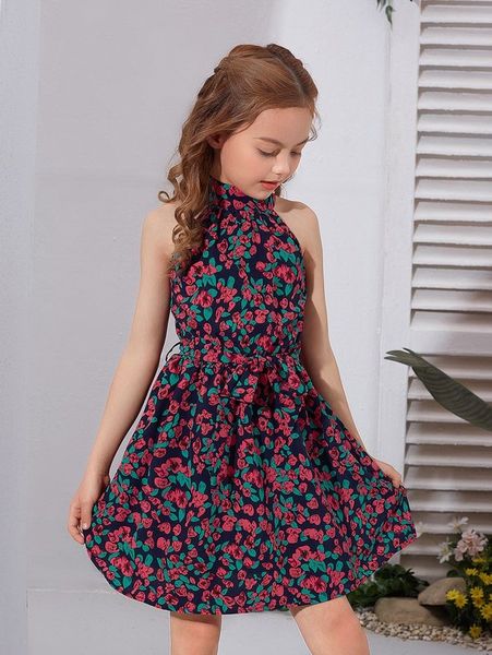 

girls allover floral print belted dress she, Red;yellow