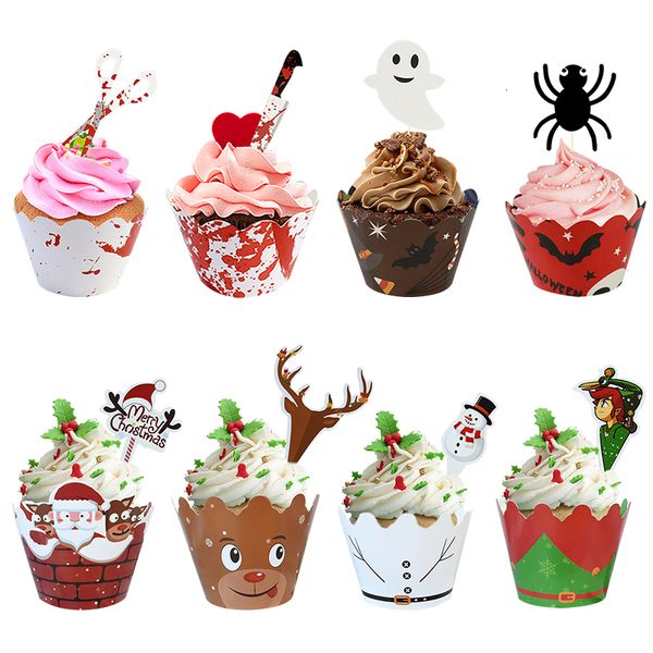 

24pcs/set halloween decoration cupcake wrapper blood knives bat spider ghost pattern cake er dessert decorating supplies