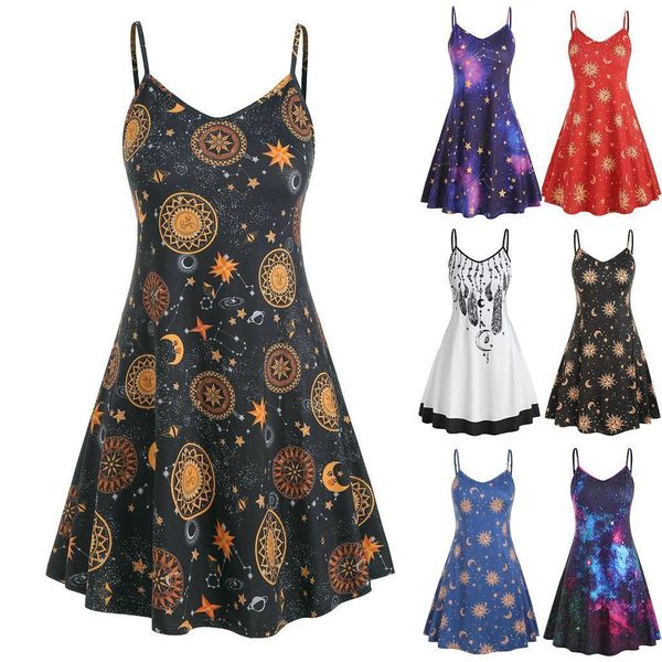 

vintage moon print gothic dress summer women 2021 casual suspender dress women elegant women's dress print sleeveless vestidos, Black;gray