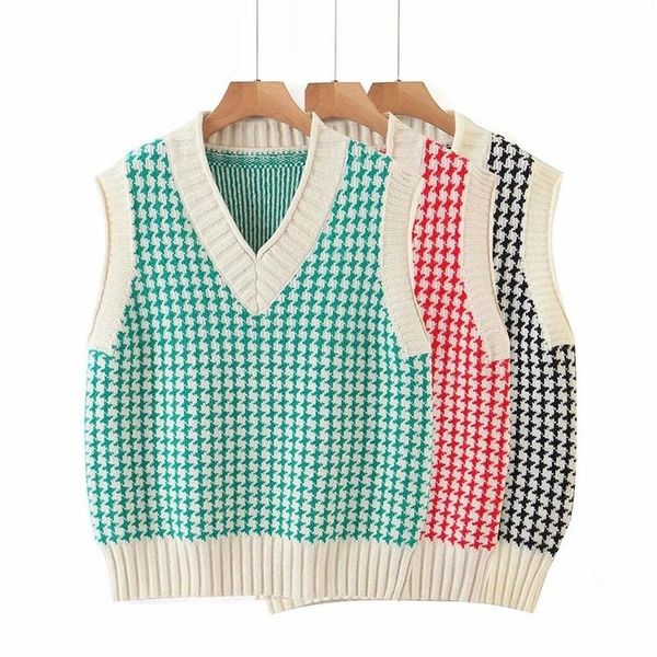 

women's vests small sweet college style classic houndstooth knitted vest for women autumn winter v-neck sleeveless sweater, Black;white