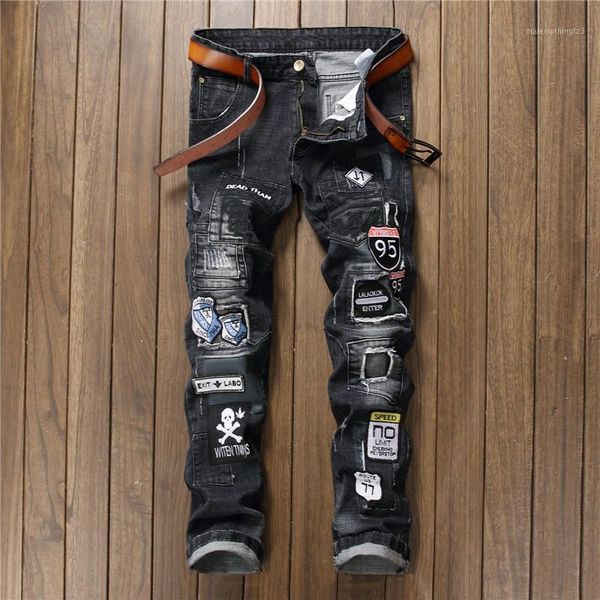

men's jeans biepa scratched men denim biker patchwork slim fit black punk rock rap washed straight ripped pants trousers1, Blue
