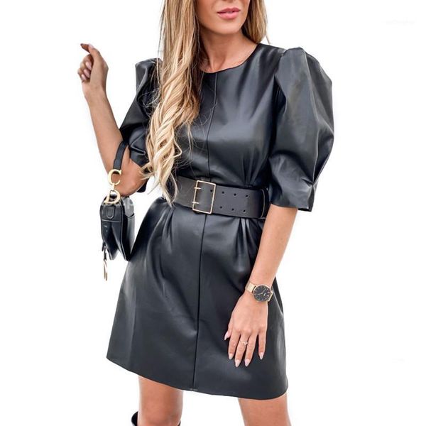 

solid black pu leather dress women belted short puff sleeve o neck leather dress casual loose summer dresses 2019 steetwear1, Black;gray