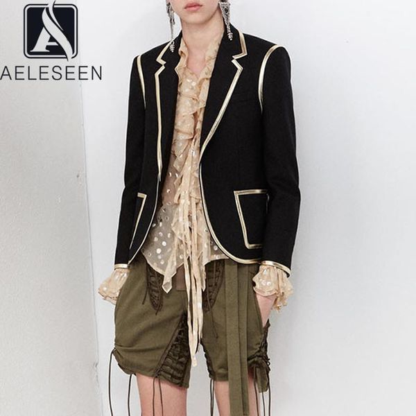 

aeleseen runway fashion blazers 2020 black pockets gold patchwork office working blazers1, White;black