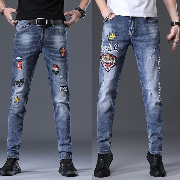 

xsjyp творческий новые вышитые стрейч джинсы мужские весной и летом молодежная мода хлопок джинсовые брюки и брюки jeanscotton jeanszengch, Blue