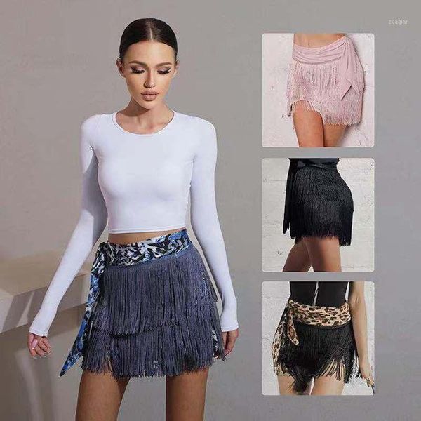 

stage wear zymdancestyle leopard print matching me fringes wrapped skirt #19134 women latin dance double layer tassels one-piece skirt1, Black;red
