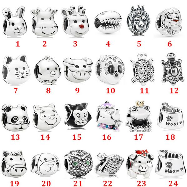 Designer-Schmuck 925-Silber-Armband-Charm-Korn für Pandora-Tierserie, Löwe, Schildkröte, Kaninchen, Schiebearmbänder, Perlen im europäischen Stil, Charms mit Perlen aus Murano