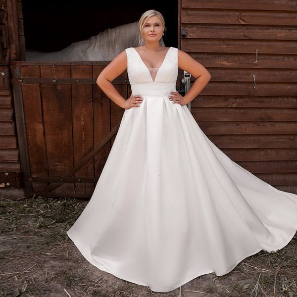 

2021 new elegant v neck sleeveless satin wedding lace sweep train simple a line bridal gown plus size vestido de noiva 8b2u, White