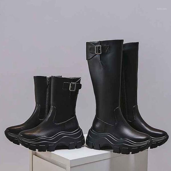 

botas mujer high heels shoes women's motorcycles boots cow leather thick bottom metal buckle fasteners keep warm boots1, Black