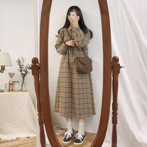 

spring dress and autumn 2020 new french loose mid-length polo collar plaid hepburn style long sleeve dress e90ua, Black;gray