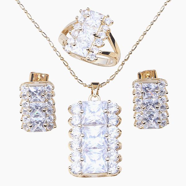 

trendy white crystal gold colour earrings ring necklace pendant sets t042, Silver