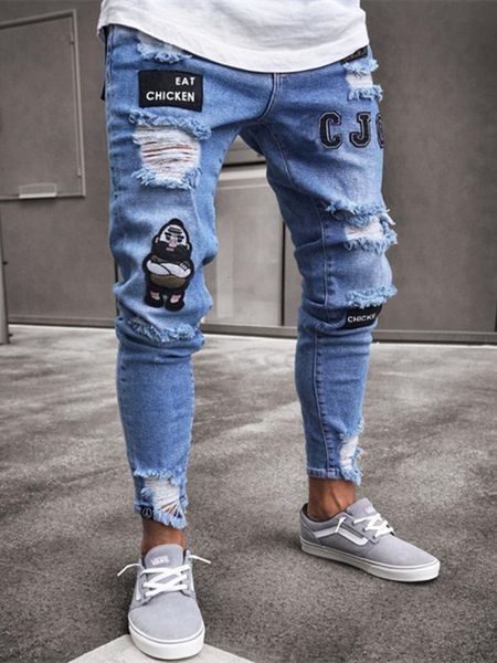

europe america men's ripped jeans embroidery ny pencil male leisure fashion trousers s-xxxl, Blue