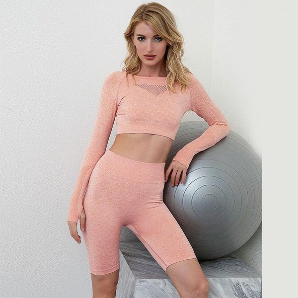 

2020 new style seamless gym set women long sleeve sports shirt and push up yoga shorts running clothing slim sport workout suit1, White;red