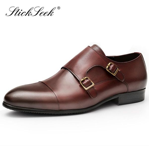 

classic genuine leather man formal dress cap toe shoes vintage designer pointed toe monk straps men's formal dress flats hs173, Black