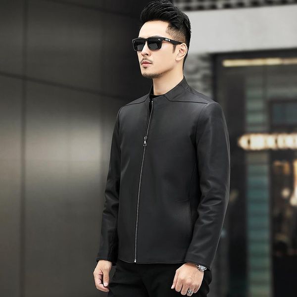 

men's leather & faux haining stand collar coat simple urban casual sheepskin jacket autumn style, Black
