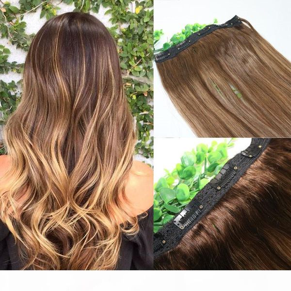 

ombre strawberry honey blonde with brown highlights one piece clip in human hair extensions 5clips with lace per piece remy human hair, Black