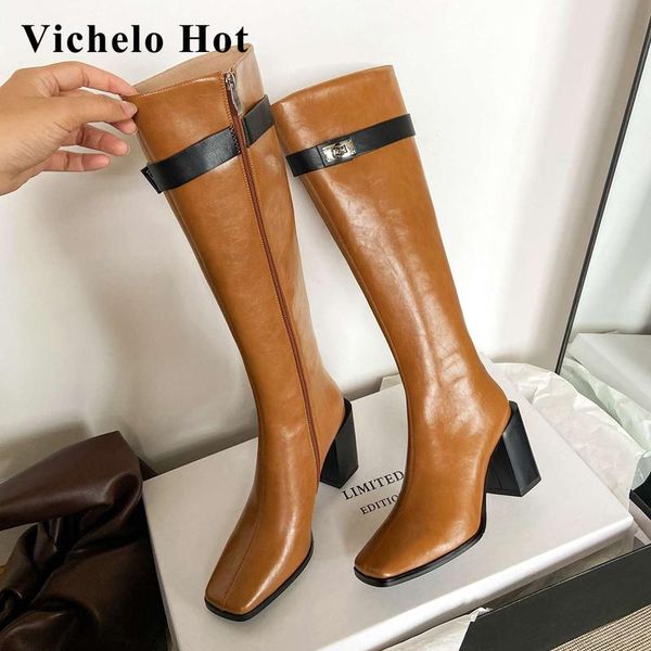 

boots vichelo 2021 recommend genuine leather square toe super high heel winter shoes keep warm fashion modern knee-high l82, Black