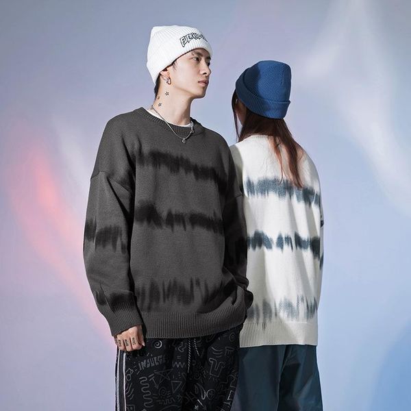 

winter male knitted sweater long sleeve casual oversized loose polyester thick warm pullovers wave striped sweater streetwear, White;black