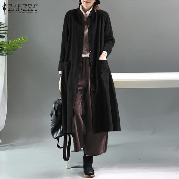 

women vintage lapel neck long sleeve corduroy coats autumn solid thin coats zanzea retro pockets outwear casual long cardigan, Black;brown
