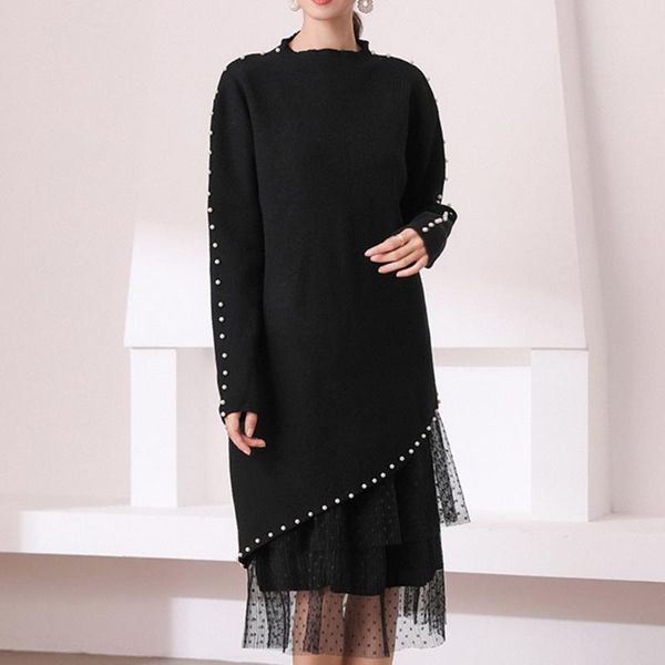 

korean version japanese dress fashion temperament autumn winter the new beading net yarn two-piece woman's clothing, Gray