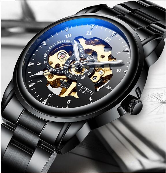 

fashion men watches luxury wlisth mechanical watches for men hour erkek kol saati luminous black skeleton automatic watch, Slivery;brown