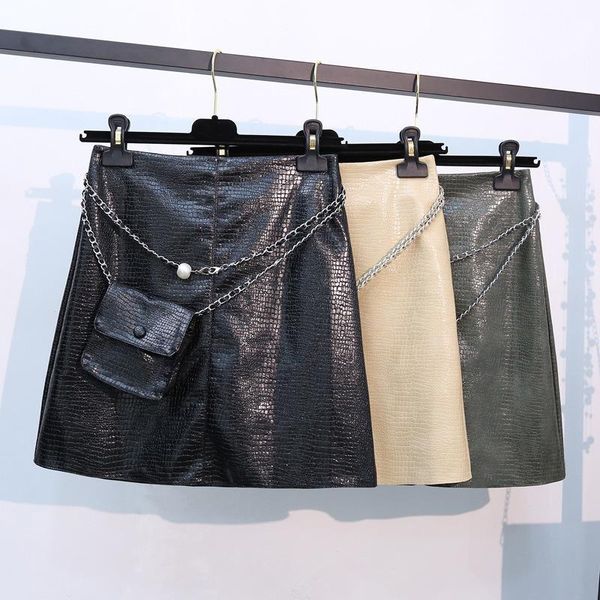 

pu small leather skirt female autumn high waist a word bag hip skirt chain waist casual women plaid chic sashes, Black