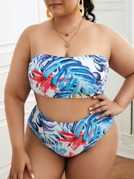 

plus tropical random print bandeau bikini swimsuit 93s9#, Black