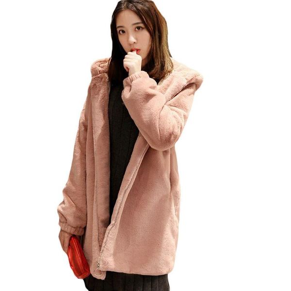 

2020 autumn winter new fashion women long fur coat solid color ear hooded zipper loose large size fur jacket female lq210, Black