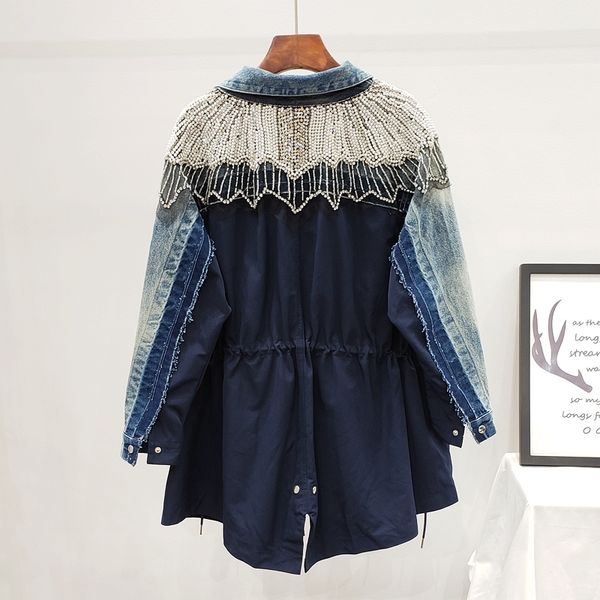 

spring european patchowrk industrial shoulder diamond set beads cowboy joint waist drawstring mid-length trench coat 201017, Black;brown