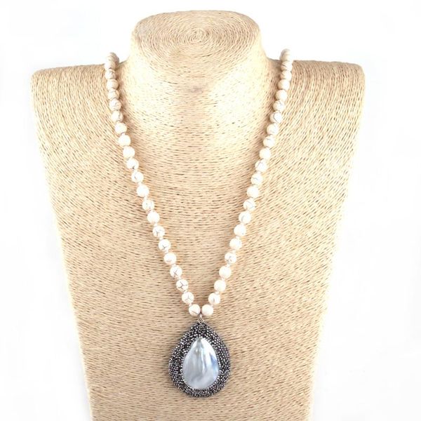 

fashion 8mm beige stone long knotted handmade crystal paved pearl shell drop pendant necklaces women ethnic necklace, Silver