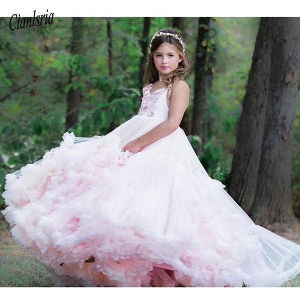 

pink cloud girls birthday dress spaghetti strap lace up back tiered tulle flower girl dress for wedding long toddler party gowns, Red;yellow